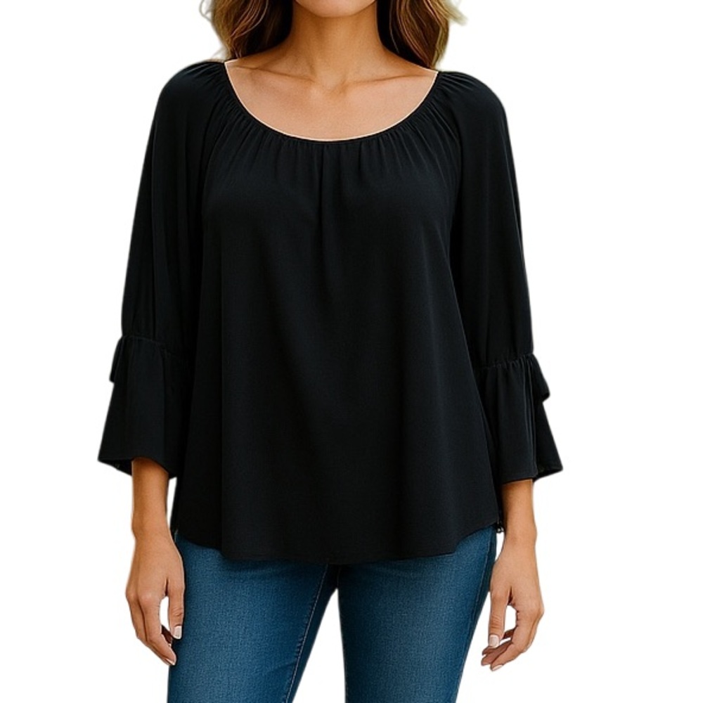 Michael Kors Elegant Black Women's Top with gold grommets on the bell sleeves